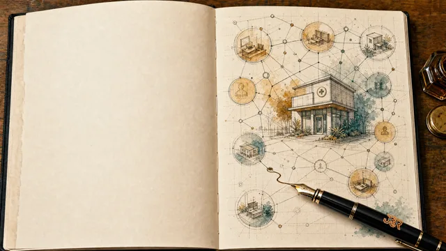 Sketchbook page with an ink system map and connecting lines
