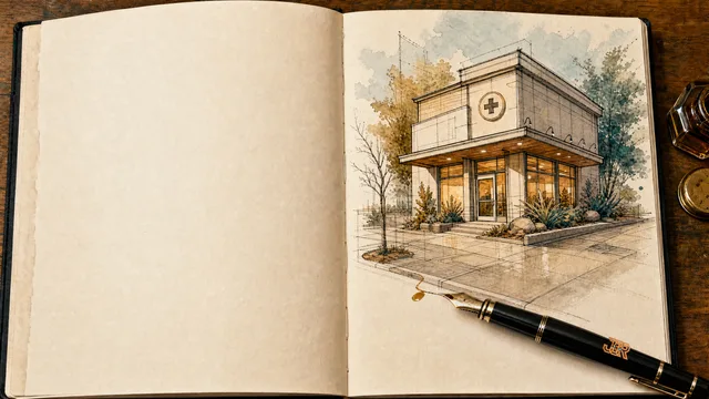 Ink wash of a desert urgent care clinic with warm interior light