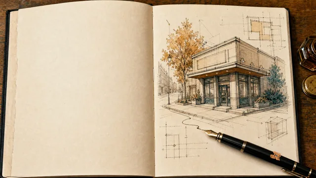 Closed sketchbook with a fountain pen and warm desk lamp
