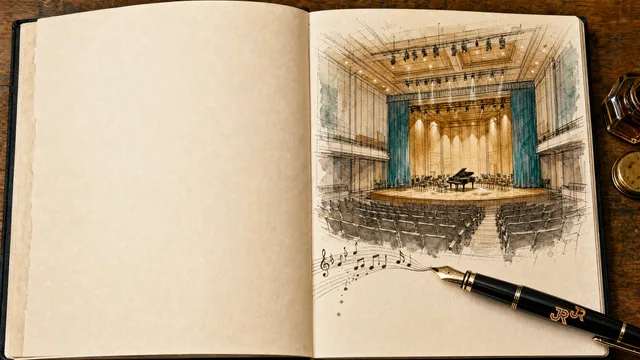 Ink wash of a concert hall with musical sketches in the margin